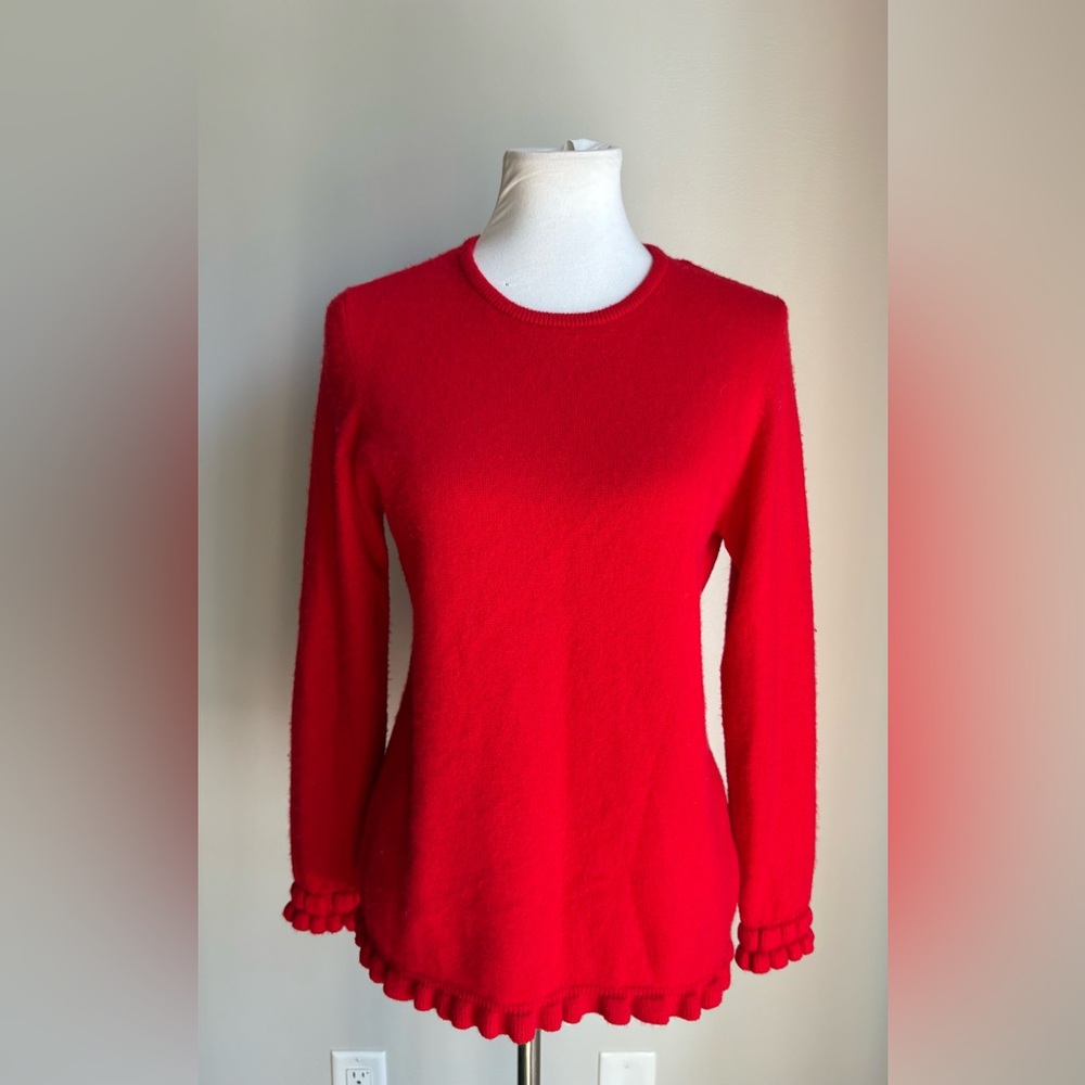 J.McLaughlin Setta 100% Cashmere Ruffled Hem Pullover Sweater/Fiesta Red Size M